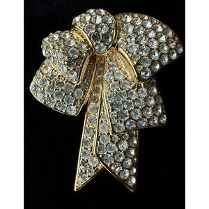 Vintage Nolan Miller Large Bow Brooch Gold Pave Rhinestone Statement